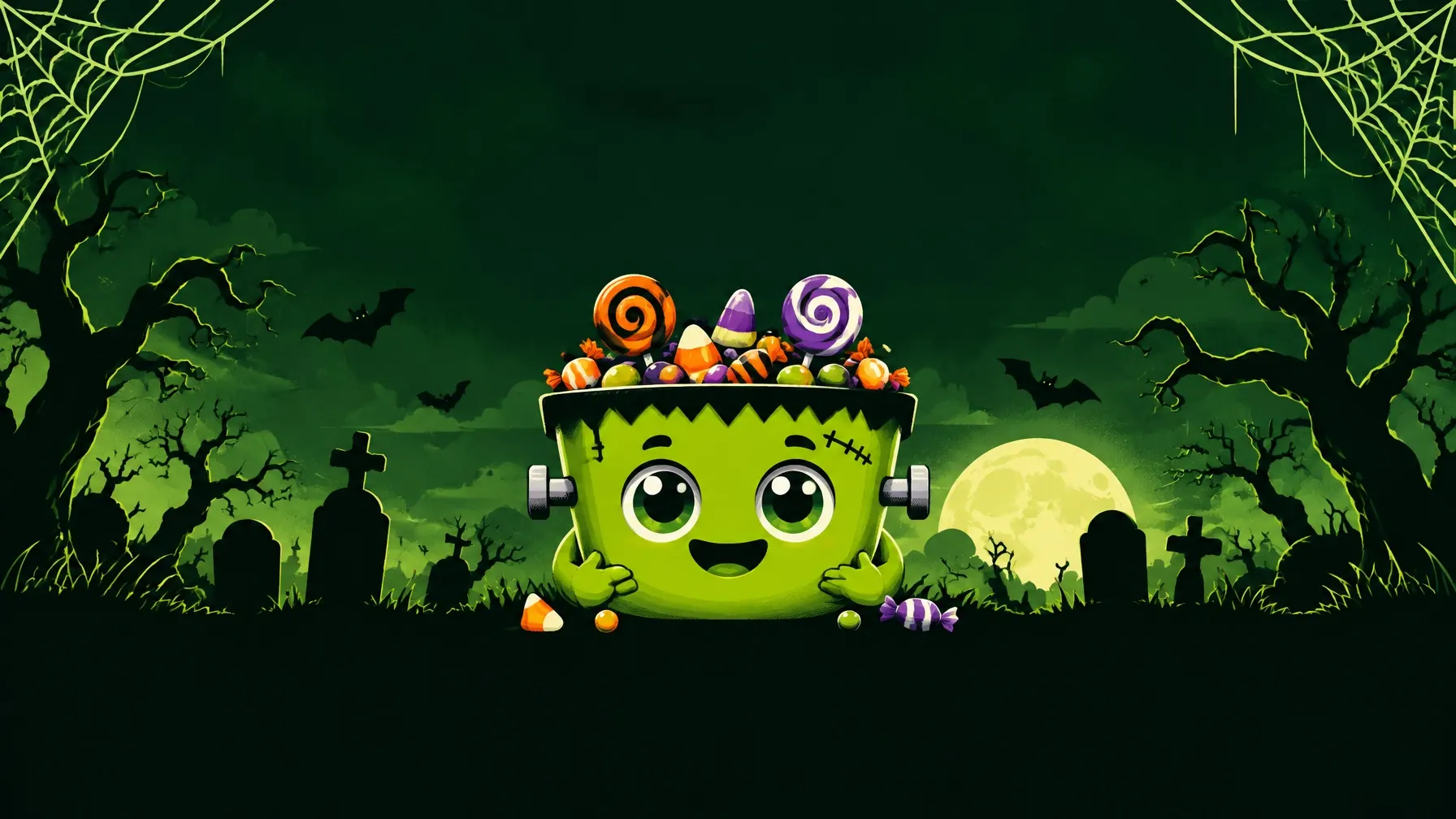 Halloween offer artwork with a green energy ghost, bats, cobwebs and a moon