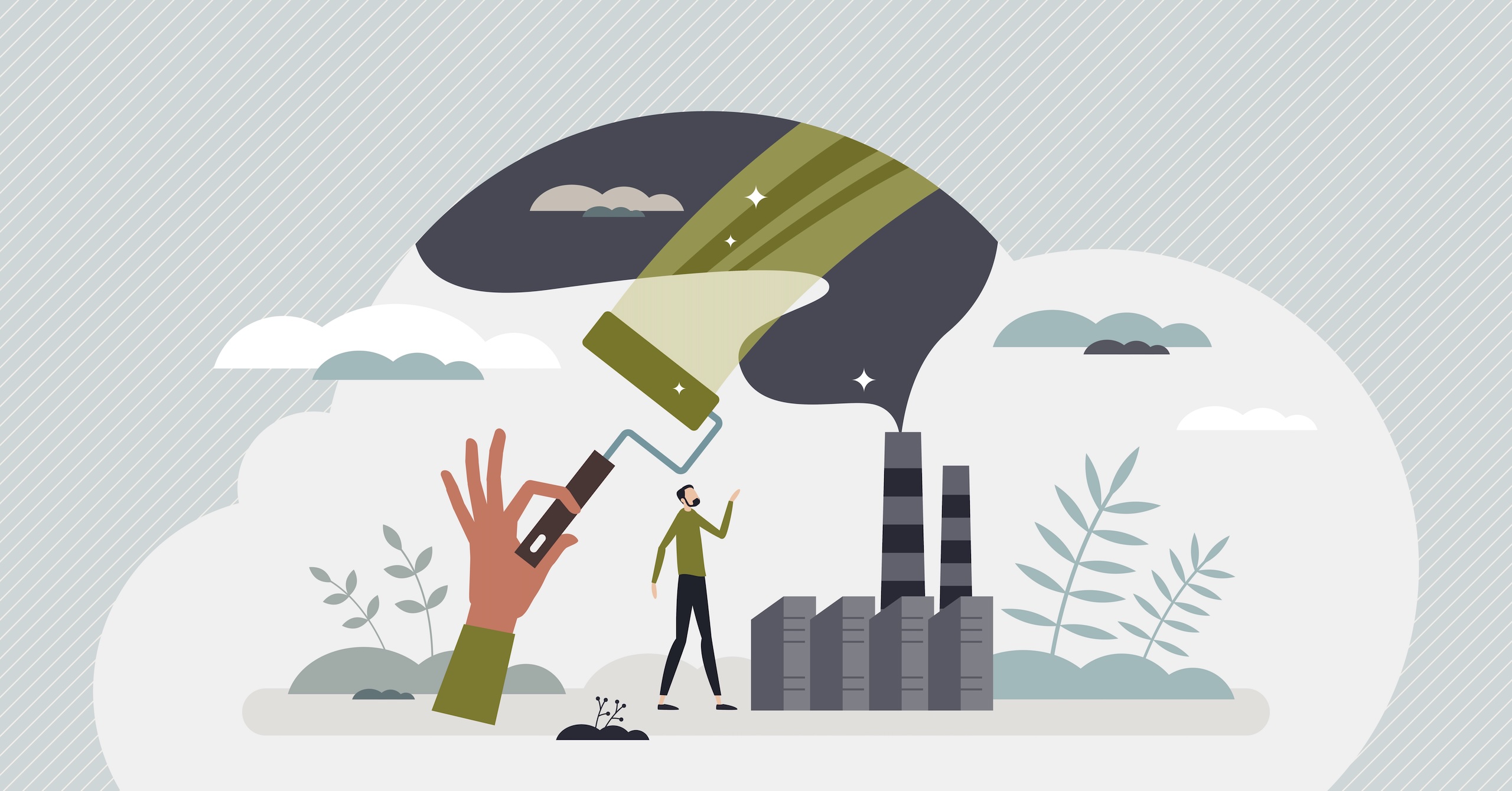 Illustration of sustainability and green policy symbols overshadowing practical business energy efficiency