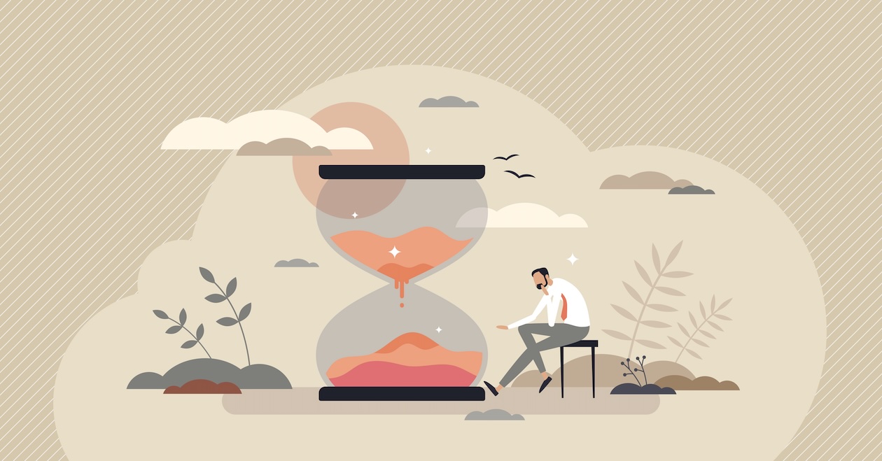 Illustration of a man waiting beside a large hourglass, symbolising the cost of delay in energy projects