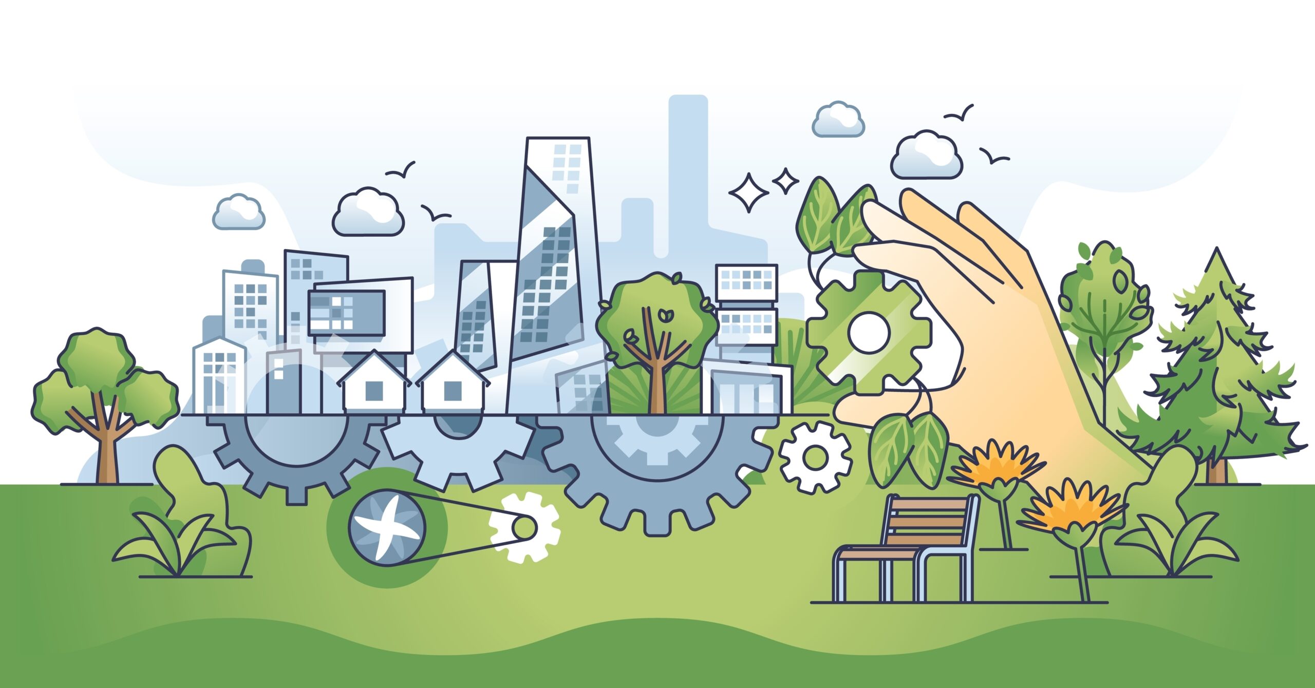Illustration of local community and energy symbols representing Calderdale Current insights